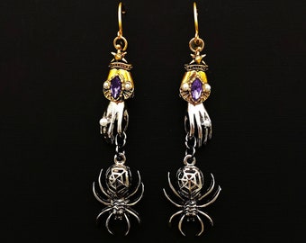 Gold Gothic Hand Spooky Spider Dangle Earrings | Natural Purple Amethyst Colored Crystals with Hands and Vintage Silver Spider Earrings