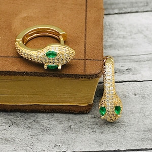 Victorian-Inspired Gothic Gold Snake Hoop Earrings with Emerald Green Eyes | Boho Chic Viper Design
