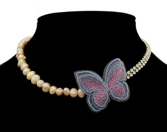 Boho Butterfly Pearl Choker Necklace - Pink Freshwater Pearls with Sparkling Crystals |  Unique Gift for Her, Mum