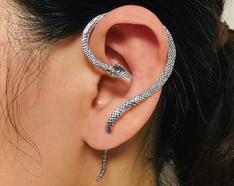 Snake Ear Cuff Studs/ Vintage Viper Snake Stud Silver Earrings Ear Cuff / Adjustable  Left Ear