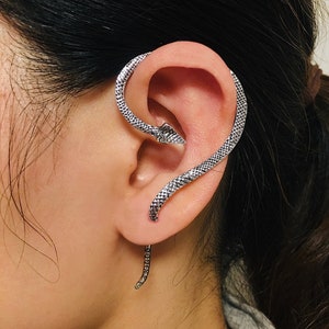 Snake Ear Cuff Studs/ Vintage Viper Snake Stud Silver Earrings Ear Cuff / Adjustable  Left Ear