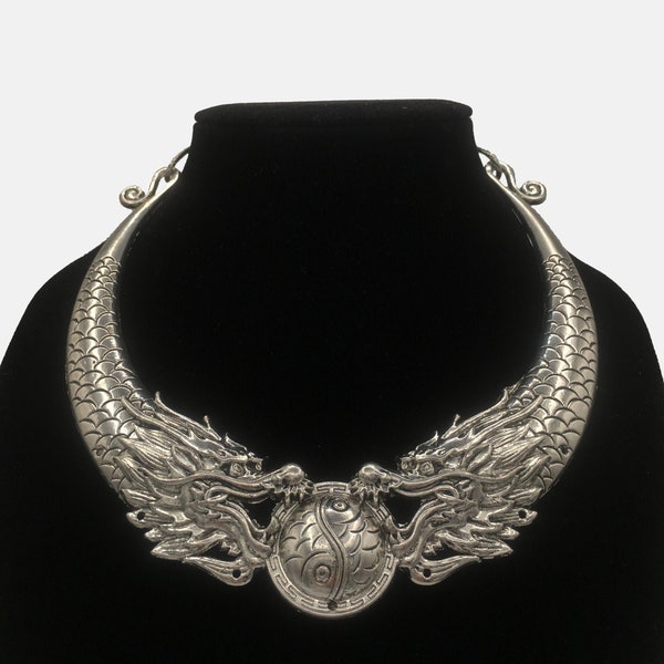 Collana girocollo con doppio drago – Gioielli gotici Yin Yang color argento, collana fantasy per cosplay