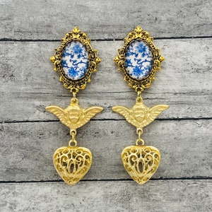 Victorian Gold Angel Heart Earrings with Blue and White China Porcelain Stones | Baroque Wedding Jewelry | Gift for Her