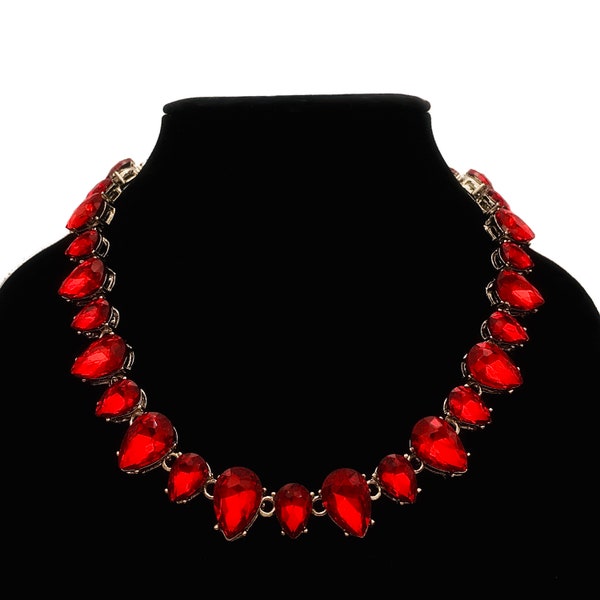 Ruby Crystal Necklace / Bridal Elegant Red Choker/ Art Deco Minimalist Statement Necklace / Adjustable