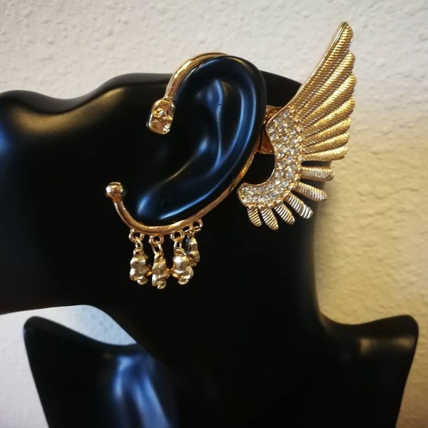 Gold Skull Feather Ear cuff / Native American Bohemian Ear cuff with Skulls and Diamonds/ Statement Ear cuff / Left Ear No Piercing required