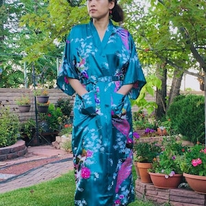 Silk Satin Long Kimono Robe - Floral Peacock & Blossoms Nightgown with Pockets | Perfect for Weddings, Beach, and Gifts for Wife or Her