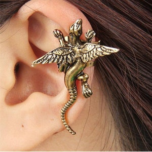 Dragon Ear Cuff | Antique Gold & Silver-Toned Clip-On Dragon Earring, No Piercing Needed, for Right Ear | Statement Jewelry