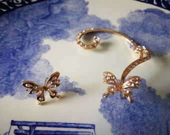 Orecchini A Farfalla Con Cristalli E Polsino Per Orecchio – Gioielli Boho Oro Per Donna E Ragazza - 2