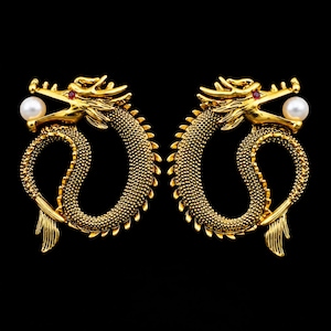 Gold Dragon Pearl Earrings, Fantasy Sea Dragon Statement Earrings, Asian Inspired Bridal Jewelry, Lucky Wedding Earrings, Unique Gift