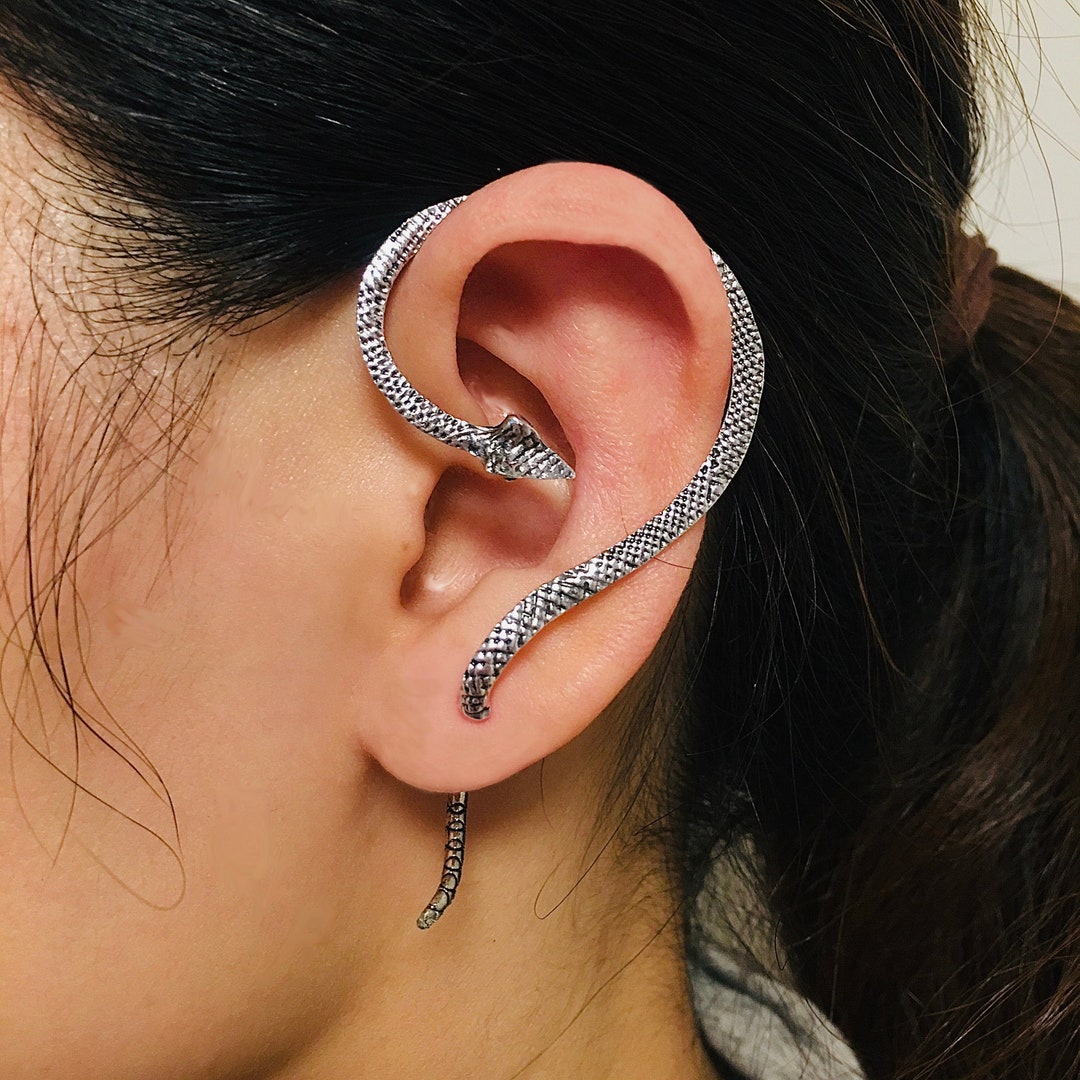 Snake Ear Cuff Studs/ Vintage Viper Snake Stud Silver Earrings Ear Cuff