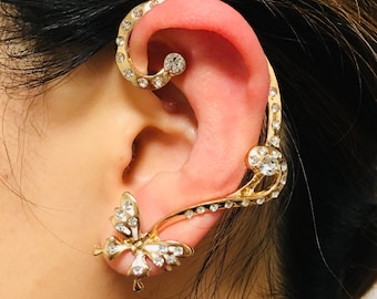 14K Gold-Toned Crystallized Butterfly Ear Cuff & Stud Earring Set | Nature-Inspired Boho Chic Statement Jewelry