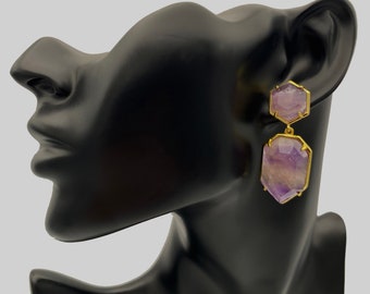 Natural Gemstone Dangle Earrings, Bohemian Style Gold-toned Birthstone Amethyst, Rose Quartz Stone Jewelry, Gift for Her