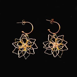 14K Gold Plated Hoop Earrings Featuring Handmade Wire Flower, Boho-Chic Natural Inspired Jewelry, Lightweight, and Elegant Gift for Her