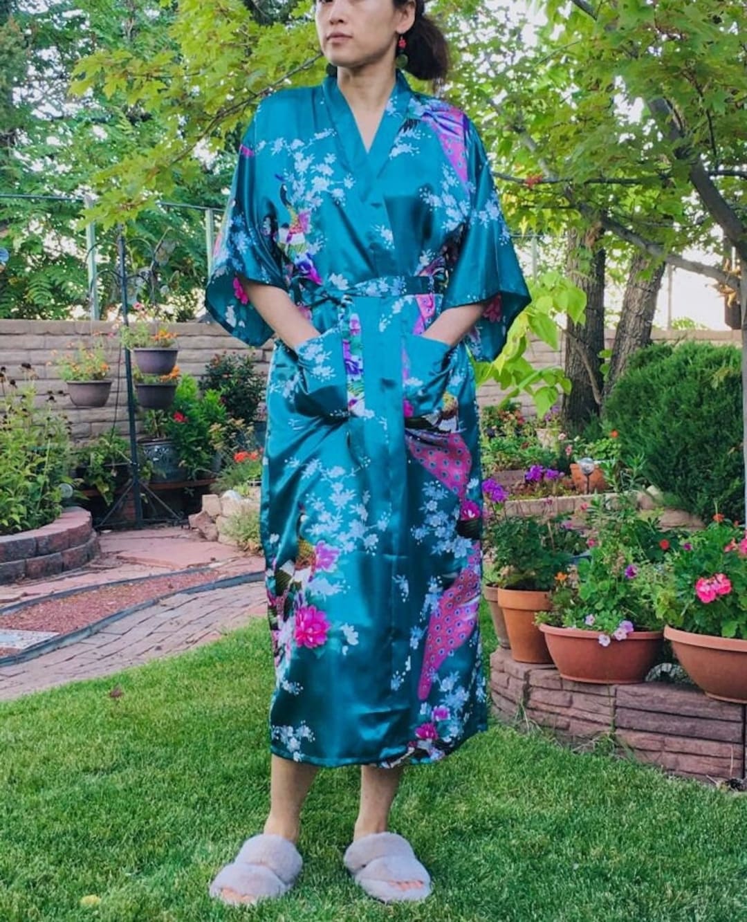 Peacock Feather Floral Pattern Print Women Long Robe