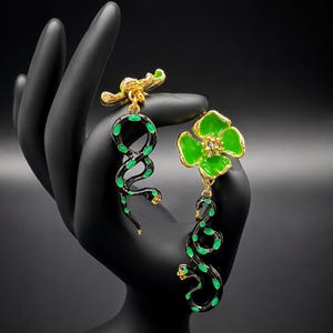 Victorian Inspired Green Flower & Snake Earrings, Asymmetric Serpent Drop Earrings, Enamel Statement Jewelry, Unique Gift for Her