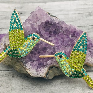 Emerald Green Hummingbird Stud Earrings with Crystal Sapphire Blue Accents | Bohemian Bird Jewelry, Perfect Gift for Friends