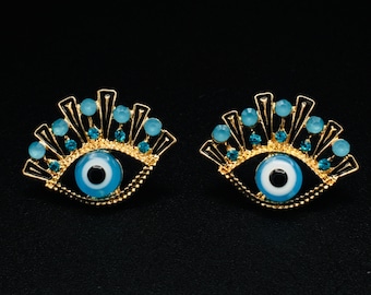 Victorian Style Evil Eye Earrings / Blue Evil Eye Stud Earrings /Minimalist earrings/ Bohemian Earrings