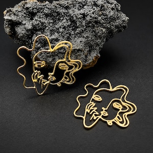 Gold-Tone Abstract Face Stud Earrings, Oversized Woman Portrait Jewelry, Modern Boho Line Art Statement Earrings, Artistic Gift for Her