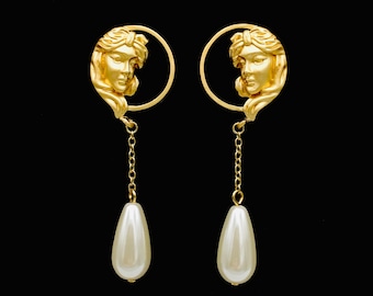 Victorian Baroque Gold Goddess Portrait Teardrop Pearl Earrings - Medieval Funky Renaissance Lady Profile with Pearl Dangle Jewelry