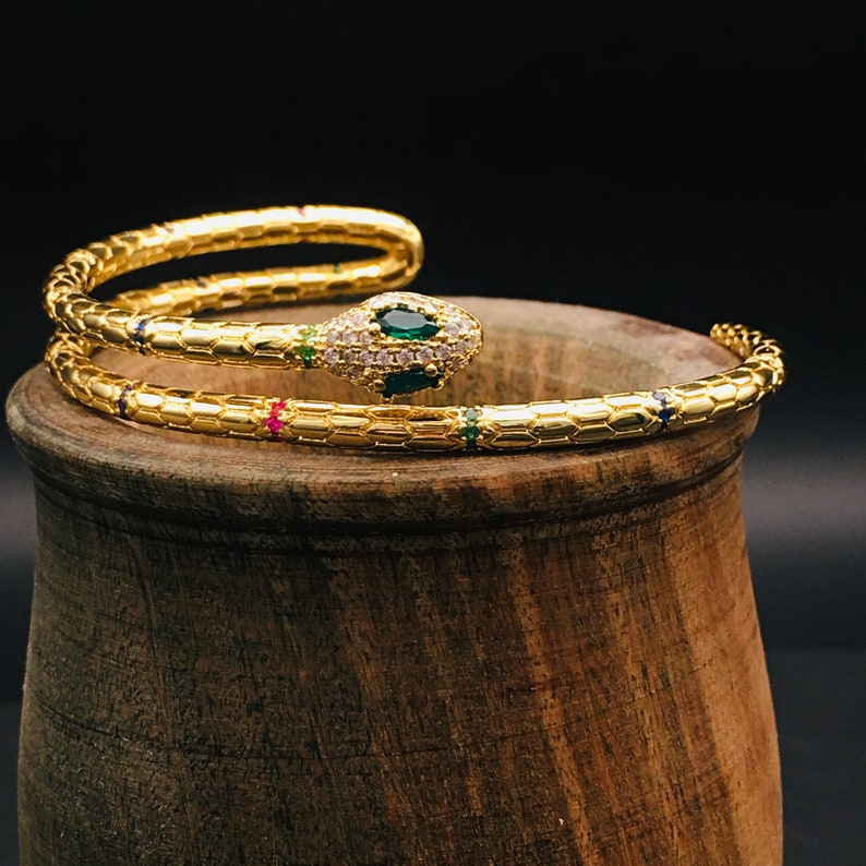 Gold Snake Bracelet With Emerald Green Eyes / Golden Serpent Etsy
