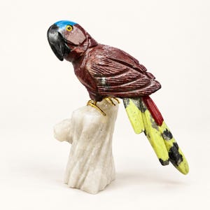 May include: A carved stone parrot figurine featuring a deep red body, a bright blue crown, and a black beak. The bird is perched on a white stone stump with gold-toned metal feet. Its tail feathers are a mix of yellow, red, and black stone.