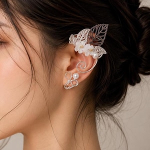 Silver Elf Ear Cuff, Fairy Floral Leaf Ear Wrap, Butterfly Pearl Ear Cuff, Fantasy No-Piercing Jewelry, Gift for Her