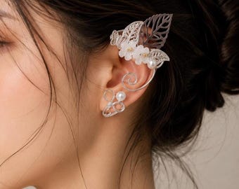 Silver Elf Ear Cuff, Fairy Floral Leaf Ear Wrap, Butterfly Pearl Ear Cuff, Fantasy No-Piercing Jewelry, Gift for Her