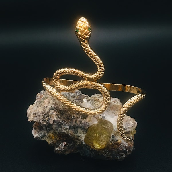 Snake Bracelet with Emerald Eyes - Serpent Palm Cuff | Gold Victorian Cuff Bracelet | Gothic, Vintage, Silver Bracelet