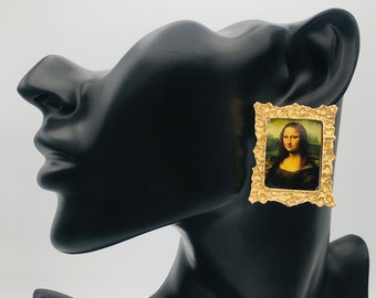 Golden-framed Mona Lisa Oil Painting Earrings - Da Vinci Portrait Jewelry, Renaissance Baroque Victorian Earrings, Gift for Art Lovers