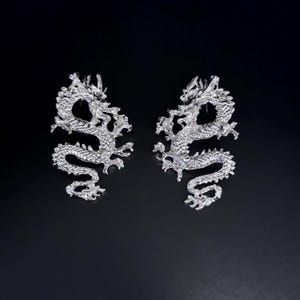 Silver Gothic Dragon Dangle Earrings, Lucky Basilisk Statement Jewelry, Fantasy Serpent Earrings, Unique Gift for Her or Him