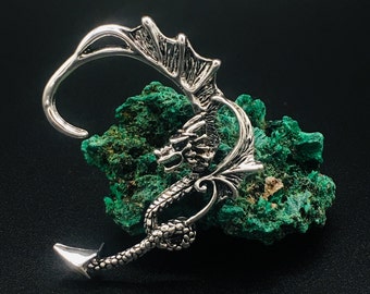 Gothic Silver Chinese Dragon Ear Cuff - Vintage Fantasy Dragon Dangle Earring for Left Ear | Hippie, Boho Jewelry | Perfect Gift for Him
