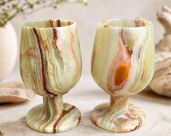 Natural Onyx Stone Wine Goblets – Set of 2 Banded Stone Cups, Hand-Carved Barware, Decorative Chalices, Unique Gift