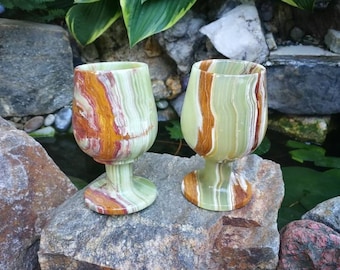 Vintage Green Onyx Marble Wine Goblets - Set of Two | Elegant Stone Wine Cups, Barware, Cordials | Unique Gift for Wife