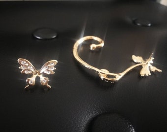 Set di orecchini a bottone e polsini a farfalla cristallizzati color oro 14K / Gioielli Boho Chic ispirati alla natura - Italia