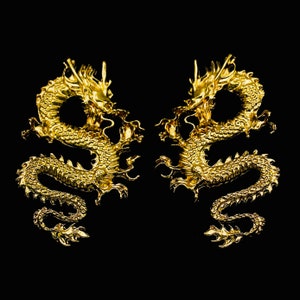 Golden Gothic Lucky Dragon Dangle Earrings - Funky Basilisk Statement Jewelry, Cool Fantasy Fun | Perfect Gift for Friends, Party Accessory