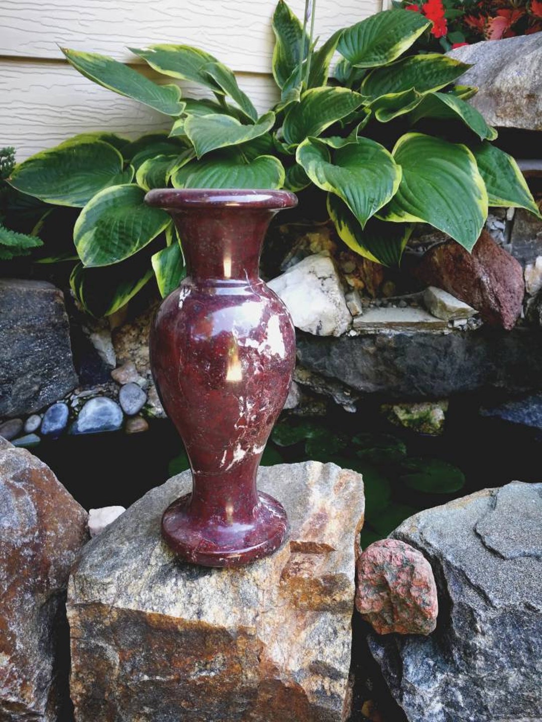 Vintage Handmade Red Zebra Onyx Stone Flower Vase Rare Natural Modern
