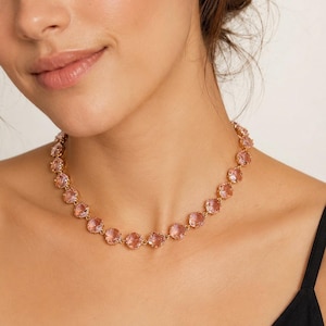 Pink Crystal Tennis Necklace, Elegant Statement Necklace, Bridal Jewelry, Wedding Necklace, Gift for Her