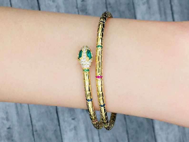 Gold Snake Bracelet With Emerald Green Eyes / Golden Serpent Etsy