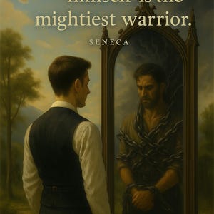 May include: An artistic depiction of self-reflection. A man in a vest and white shirt gazes at his reflection in a mirror, where he sees a chained version of himself. The image includes the quote "He who conquers himself is the mightiest warrior" by Seneca.