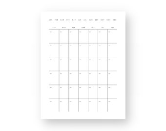 Op de afbeelding: Een zwart-witte, afdrukbare, niet-gedateerde maandelijkse kalender met de tekst "UNDATED MONTHLY CALENDAR" en "A4, A5, LETTER & HALF SIZE | SUN & MON START" bovenaan. De kalender heeft de maanden van het jaar bovenaan en de dagen van de week links opgesomd.