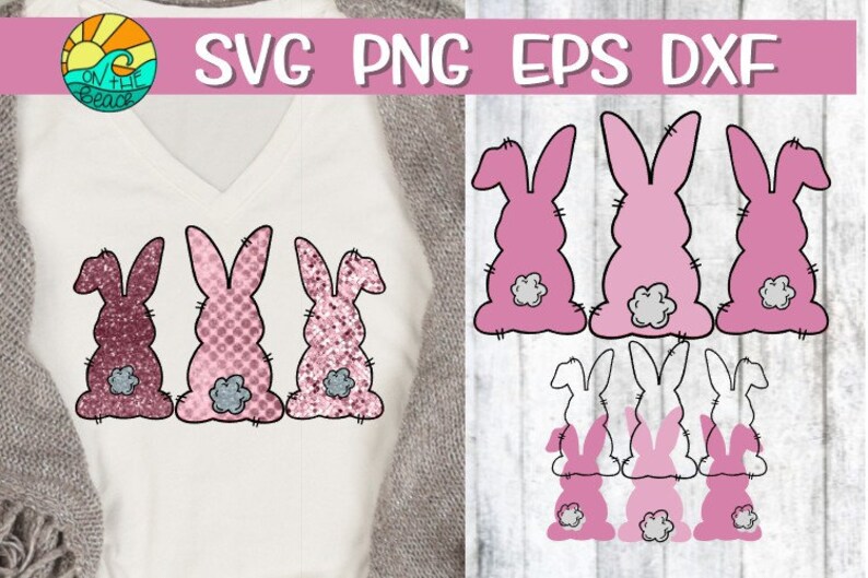 May include: Three pink bunny rabbits with gray tails, and three smaller pink bunny rabbits with gray tails. The larger bunnies are in a row, and the smaller bunnies are in a row below them. The bunnies are all facing the right side of the image.