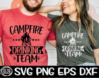 May include: Two red and gray t-shirts with the text "Campfire Drinking Team" and a campfire graphic. The shirts are on a white background.