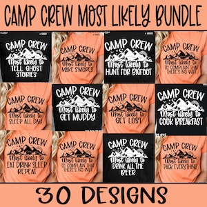 Lo más probable es que sea un paquete de tripulación de campamento svg, equipo de camping svg, citas divertidas de camping, campamento familiar, aventura al aire libre svg, grupo a juego svg, camping