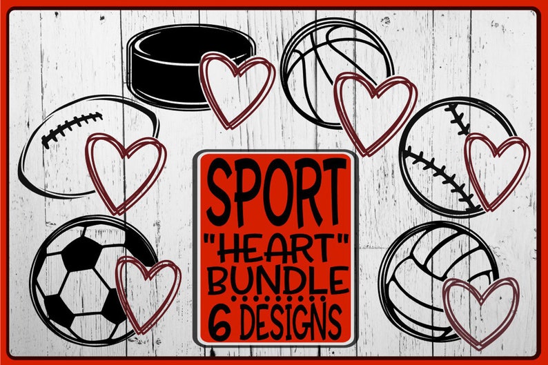 K&ouml;nnte beinhalten: Ein Satz von sechs schwarzen und wei&szlig;en Sportball-Icons mit roten Herzen. Der Text "SPORT "HEART" BUNDLE 6 DESIGNS" befindet sich in einem roten Kasten.