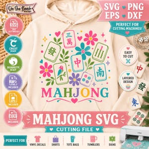 May include: A beige hoodie featuring a colorful graphic of mahjong tiles, flowers, and hearts. The design includes the text MAHJONG in large letters, along with various mahjong tile symbols, surrounded by small decorative elements and icons.