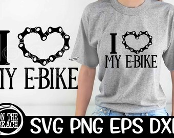 May include: Black and white graphic design with the text "I love my e-bike" with a heart made of a bicycle chain.