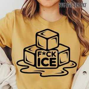May include: Mustard yellow t-shirt with a black graphic of three ice cubes, one stacked on top of two others. The middle ice cube has the text "F*CK ICE" in a bold, sans-serif font. The ice cubes are melting, with water around them. The top right corner has the text "SVG PNG EPS DXF".