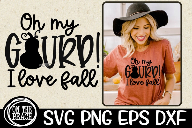 May include: A black and white graphic design featuring the text "Oh my GOURD! I love fall" on a beige background. The design includes a stylised gourd with a stem and leaves. The text is in a bold, handwritten font.