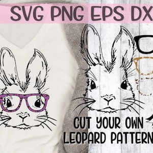 May include: A black and white line drawing of a bunny wearing purple glasses with a leopard print pattern. The text "CUT YOUR OWN LEOPARD PATTERN" is below the bunny.