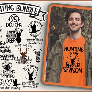 Könnte beinhalten: Eine Sammlung von 25 Designs zum Thema Jagd mit Hirschen, Enten und anderen Wildtieren. Die Designs beinhalten Sätze wie "Jagdsaison", "Gott Familie Jagd" und "Wochenendprognose: Jagen, bis wir dich nicht mehr verfolgen können".